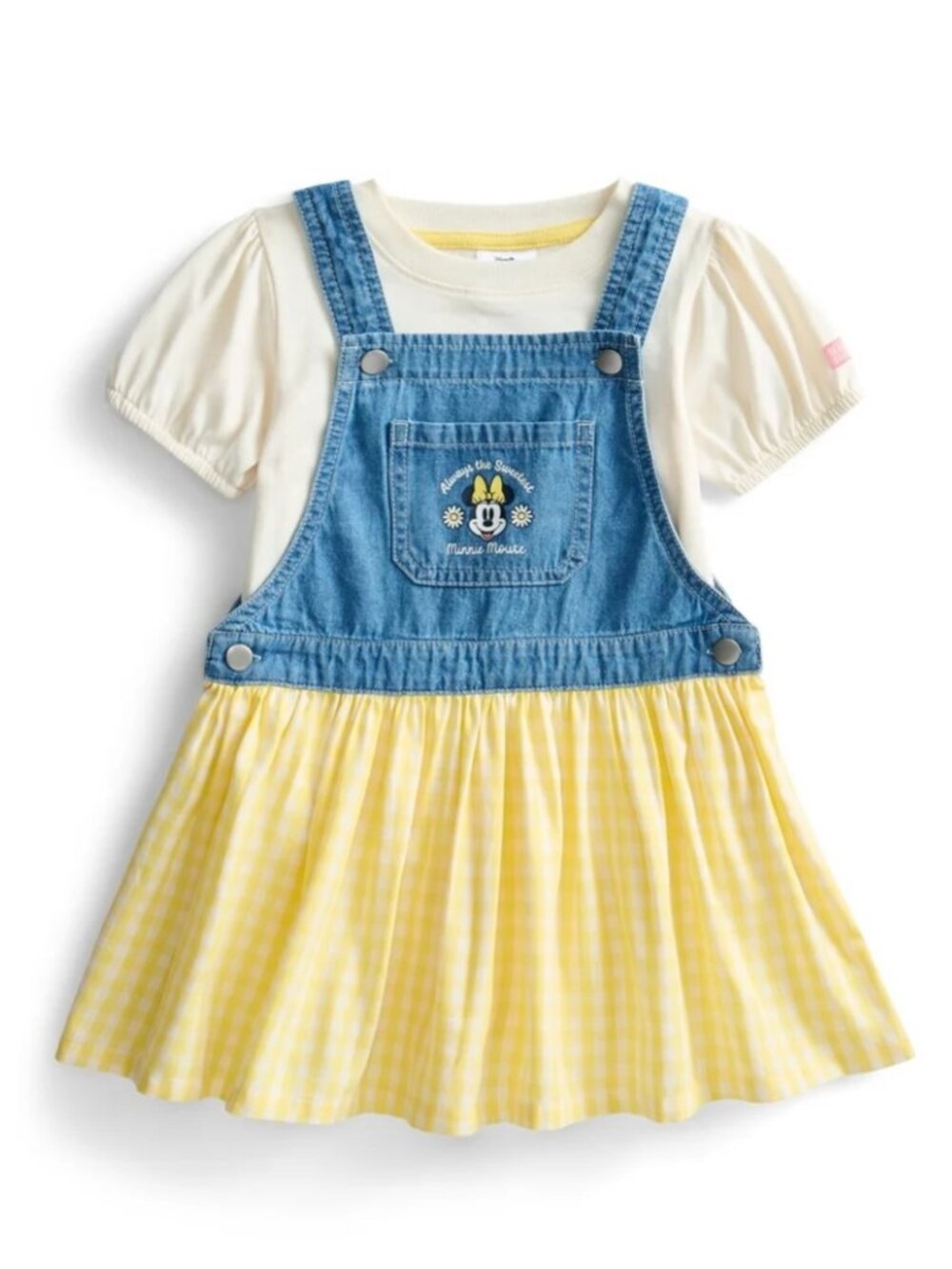 NWT - Disney Jr Minnie Honey Drop Yellow Checkered Skirt Denim Jumper